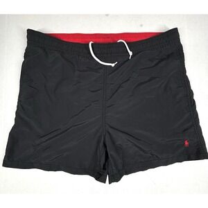 POLO‎ RALPH LAUREN Shorts 5" Large Swim Trunks Board Lined Black Red Pony EUC